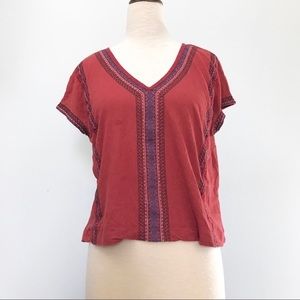 Madewell size M Maroon Embroidered Tangier Tee Double V Neck Dolman Short Sleeve